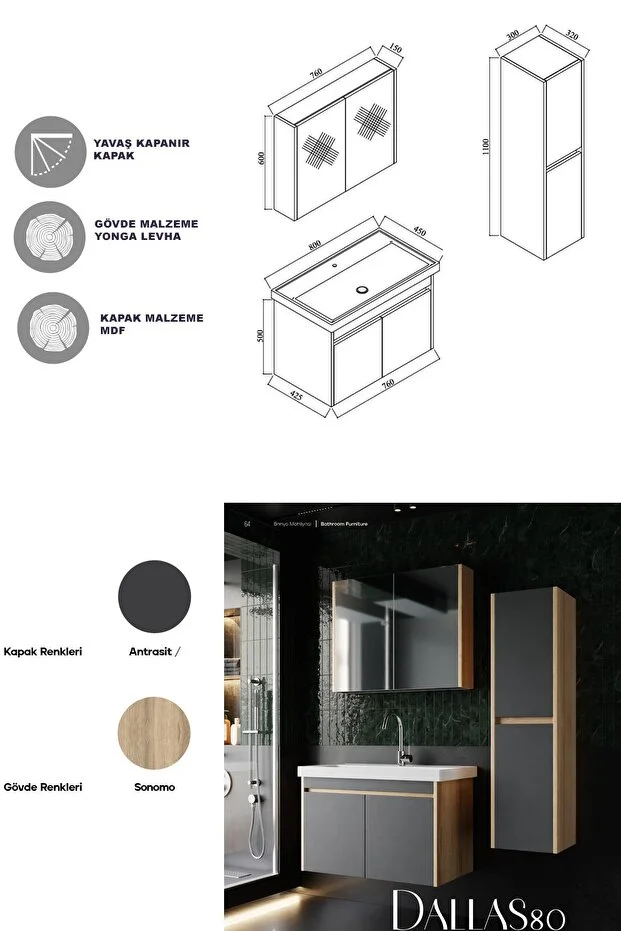 Dallas 80 Cm Lavabolu, Aynalı, Banyo Dolabı, Lavabo Dahil Boy Dolabı Dahil S.meşe-antrasit